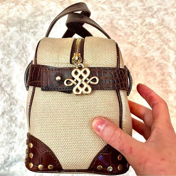 Vintage Diane Von Furstenberg Croc Embossed Leather and Cream Canvas Handbag - Picture 2 of 11